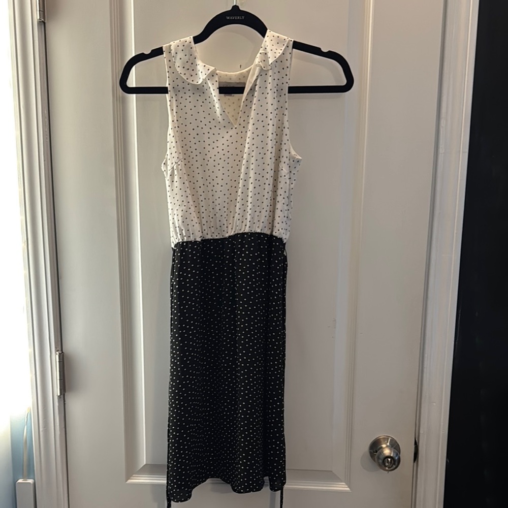 LOFT Cream and Black Pleated Midi Sundress